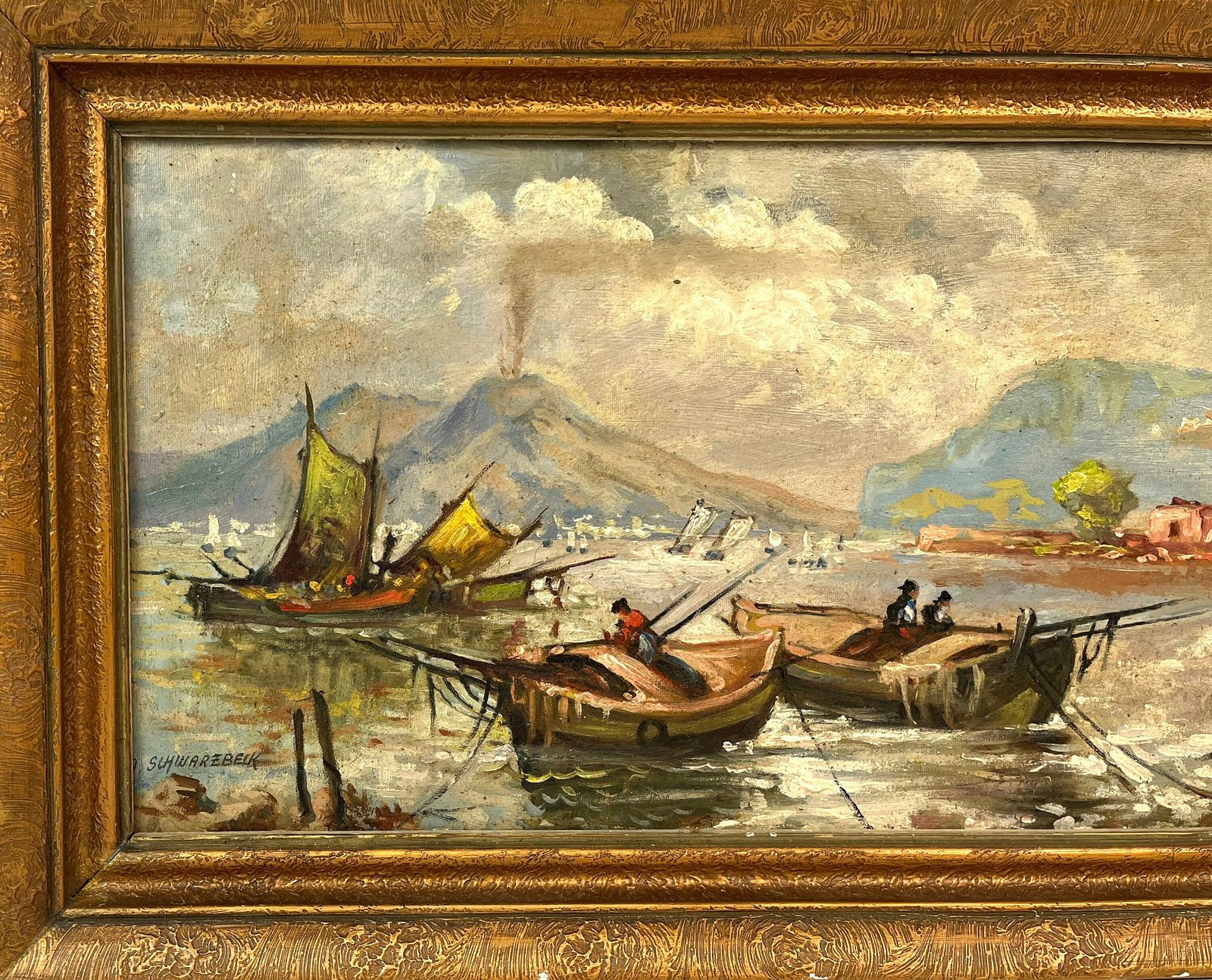 Antique Oil Painting Smoking Vesuv Vulcano Gulf Of Naples By A. Schwarzbeck About 1880 photo furniture
