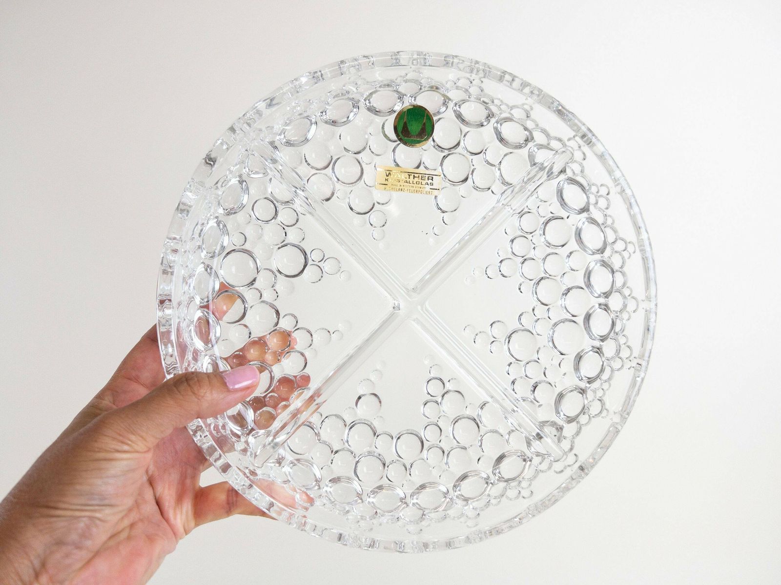 Retro 1960s Walther Crystal Glass Appetiser Plate   Glass Bubble Serving Platter   Made In West Germany
