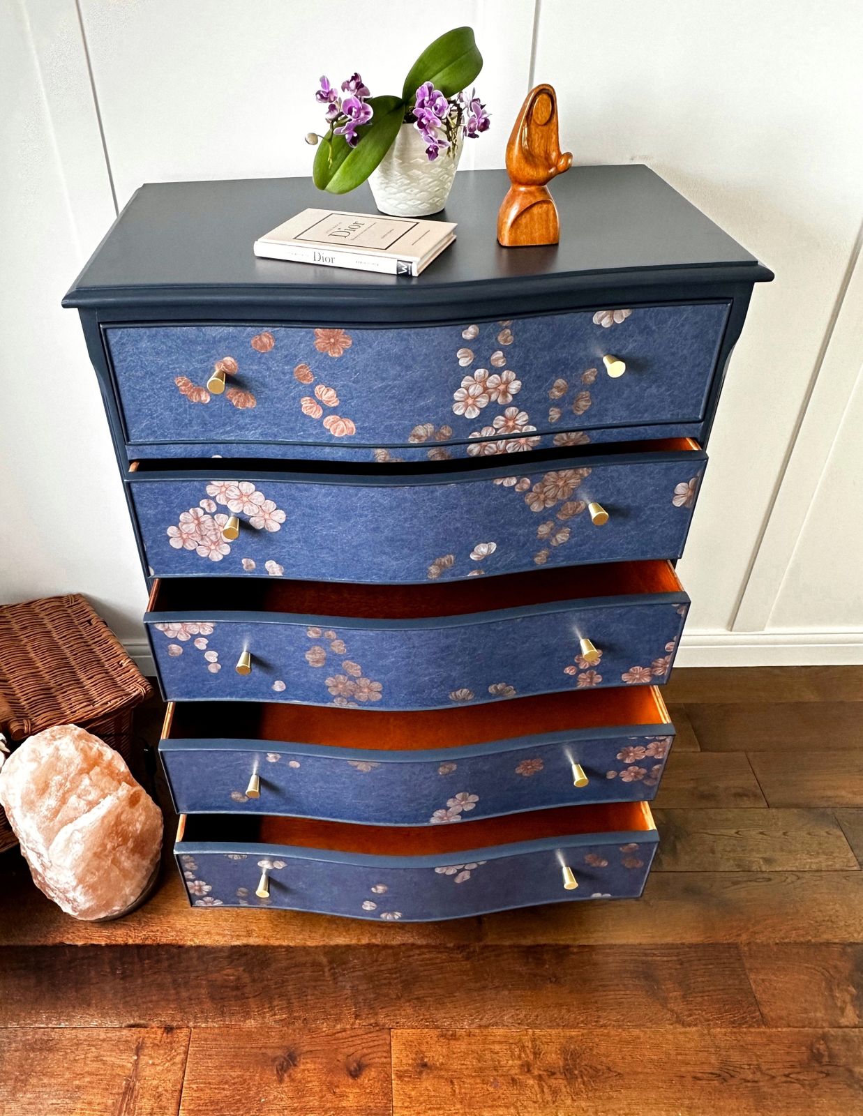 Chinoiserie Upcycled Chest Of Drawers, Cherry Blossom Serpentine Storage Chest photo Furniture