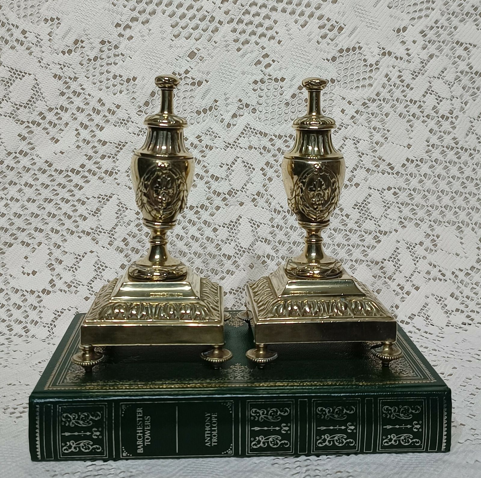 Antique Brass Mantel Urns Acanthus Leaf Motif With Grapes Leaves Motif. photo buy