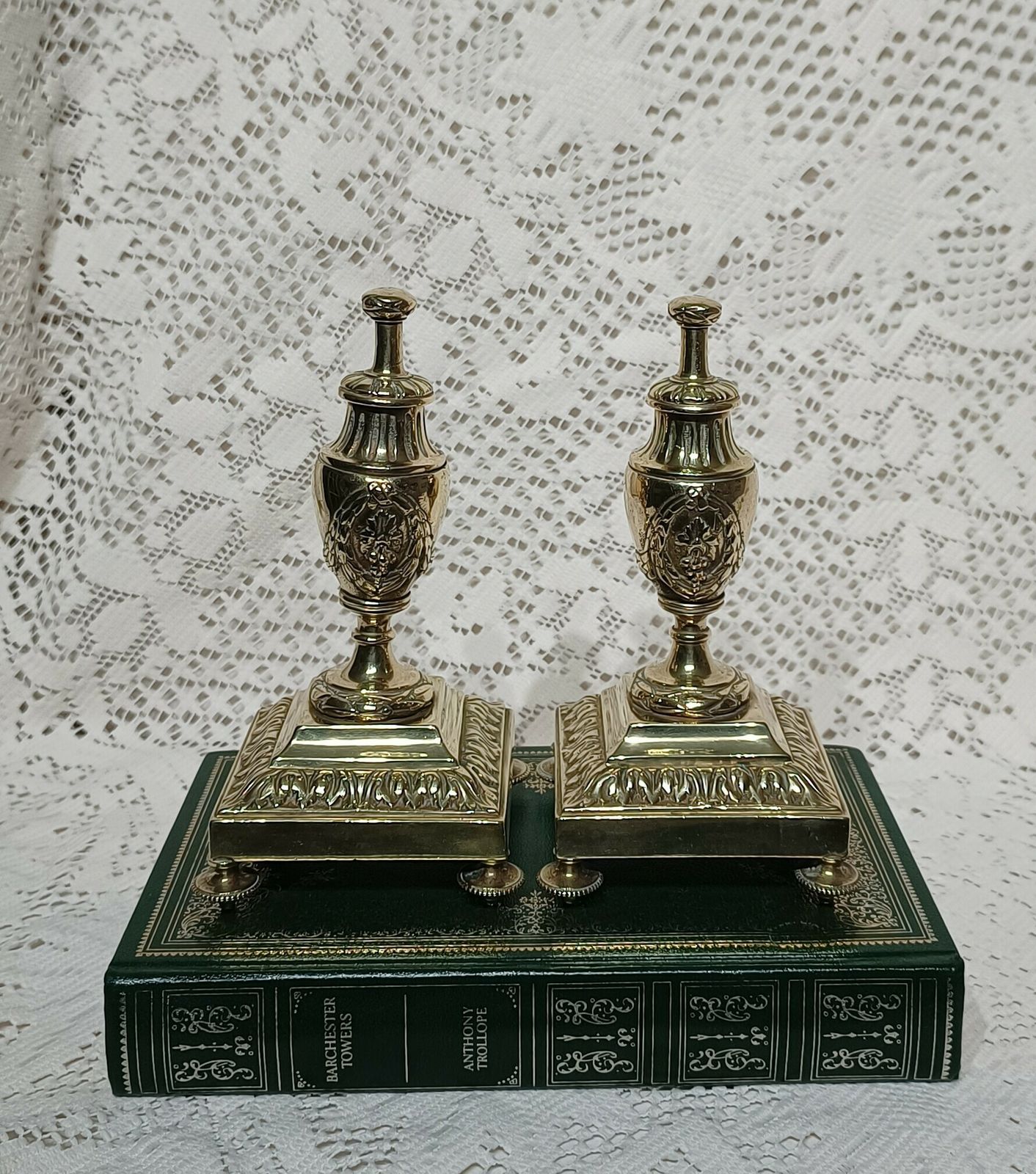 photo for sale Antique Brass Mantel Urns Acanthus Leaf Motif With Grapes Leaves Motif.