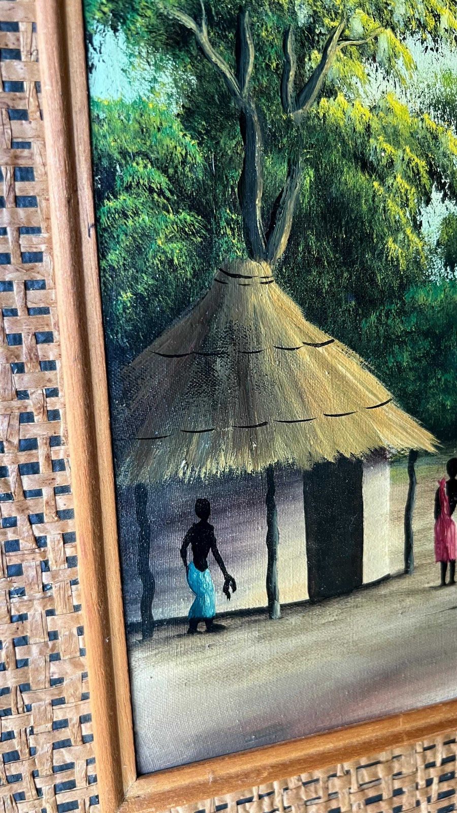 Vintage Framed Oil On Canvas Painting Depicting An African Village Scene photo vinterior