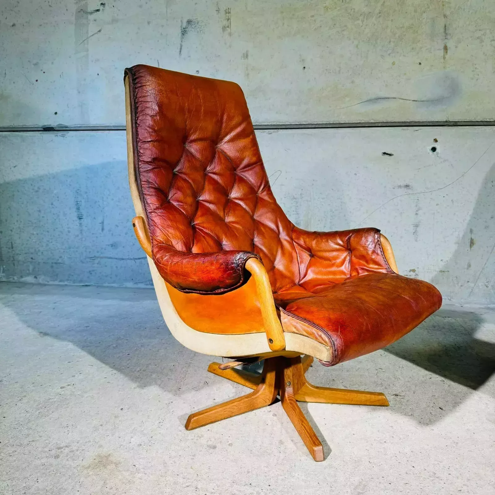 Pair Of 1960s Scandinavian High Back Leather Swivel Chairs By Berg #A318 photo vinterior