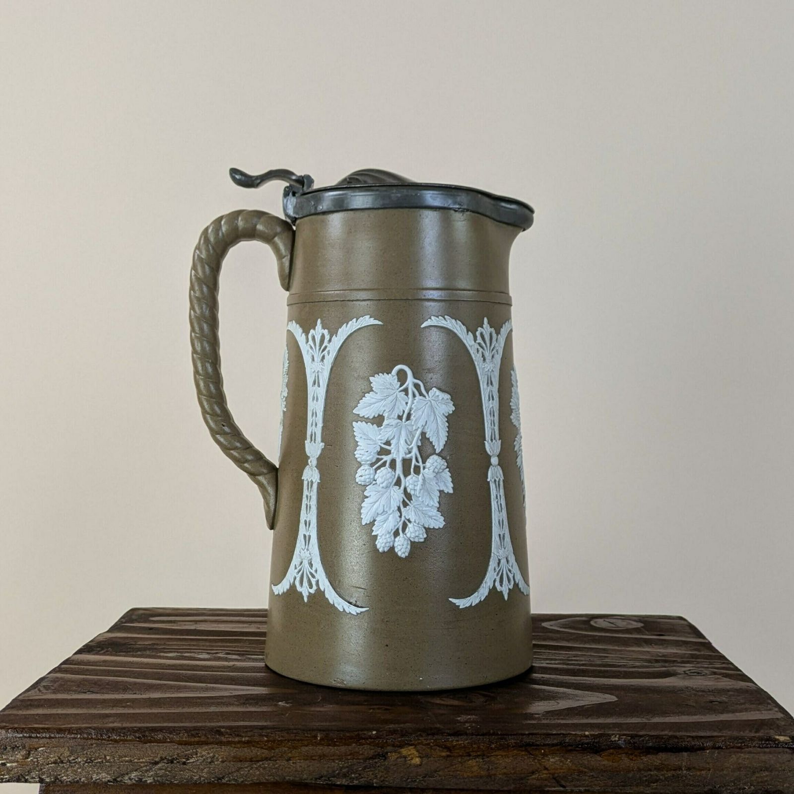 Antique English Pottery Pitcher By James Dudson With Dixon & Sons Pewter Lid, Antique Wine Jug
