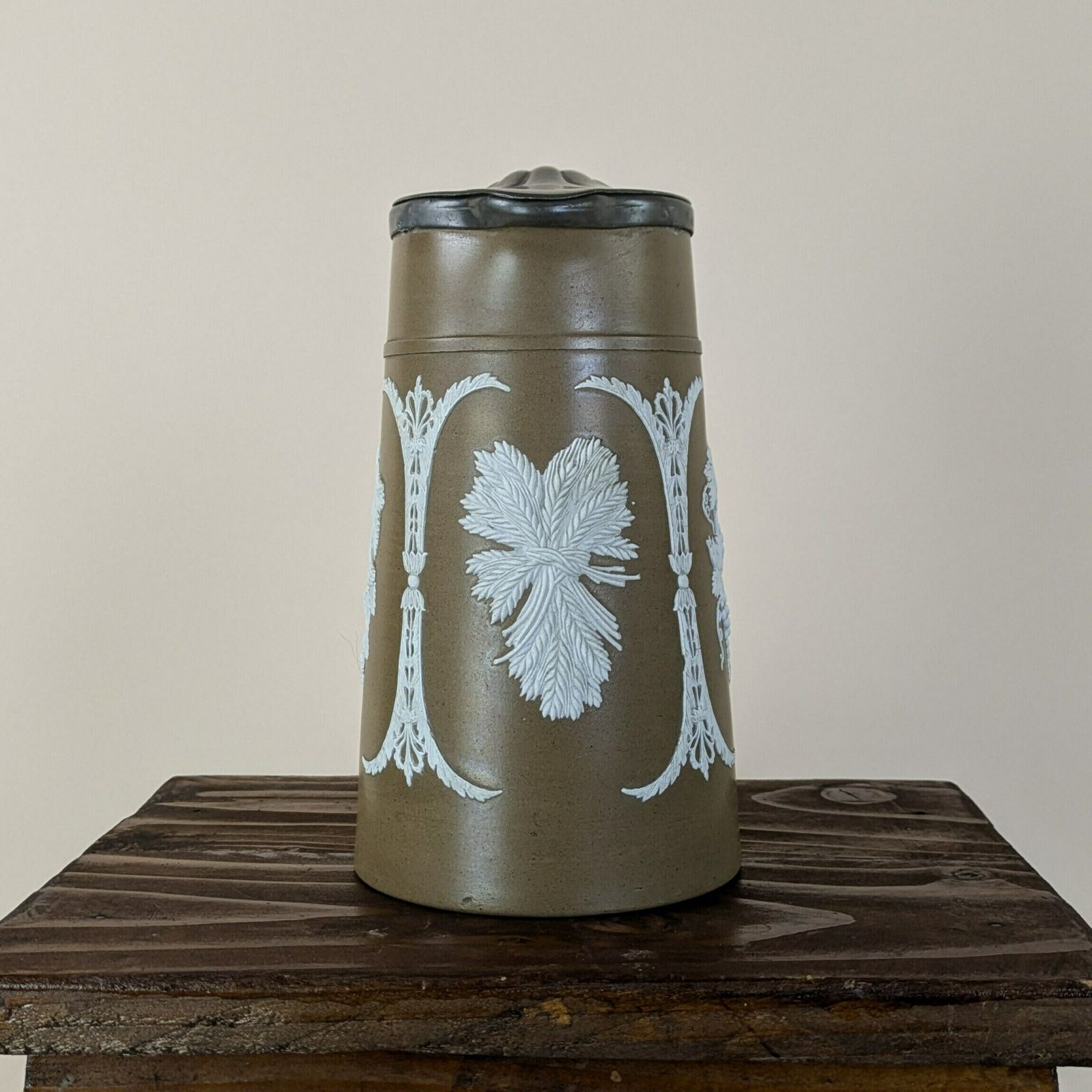Antique English Pottery Pitcher By James Dudson With Dixon & Sons Pewter Lid, Antique Wine Jug photo Home Decor