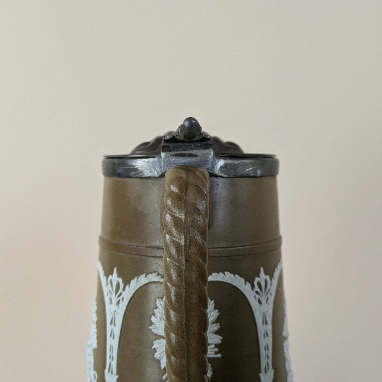 Antique English Pottery Pitcher By James Dudson With Dixon & Sons Pewter Lid, Antique Wine Jug photo vinterior