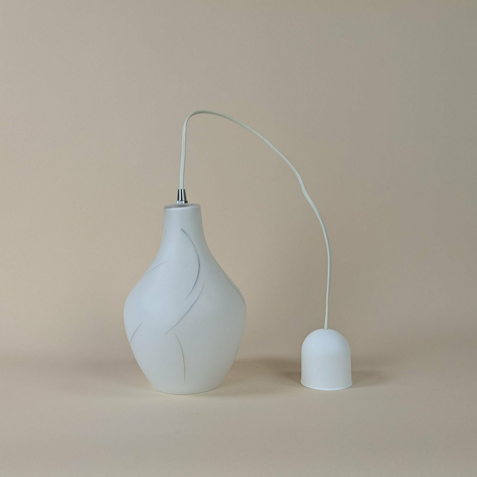 photo for sale Vinateg Scandinavian White Opaline Glass Ceiling Pendant Light, 1960s White And Silver Drop Light