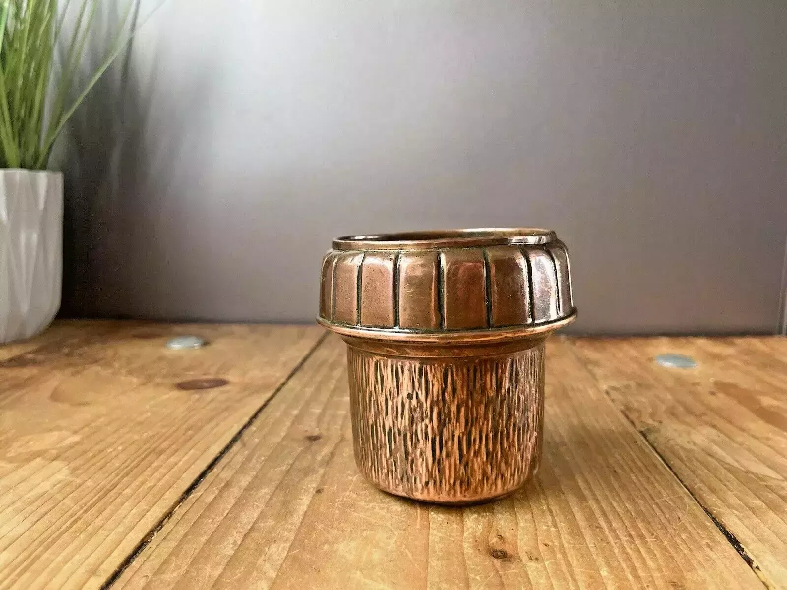 Small Antique Arts & Crafts Copper Acorn Textured Planter Flower Herb Plant Pot photo vinterior