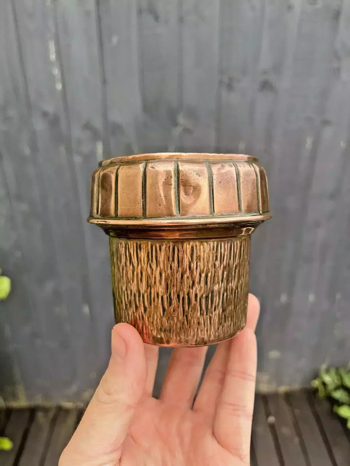 69.0 Small Antique Arts & Crafts Copper Acorn Textured Planter Flower Herb Plant Pot photo