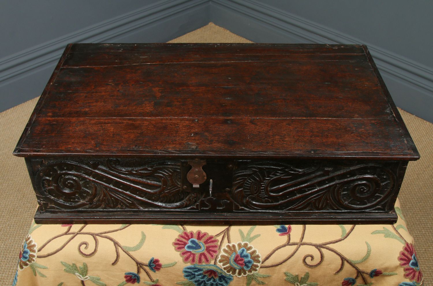 English 17th Century Charles II Oak Carved Bible Box  (Circa 1680) photo vintage