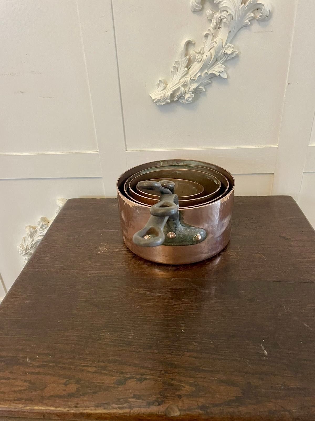 photo for sale Antique 19th Century French Set Of Four Copper Pans