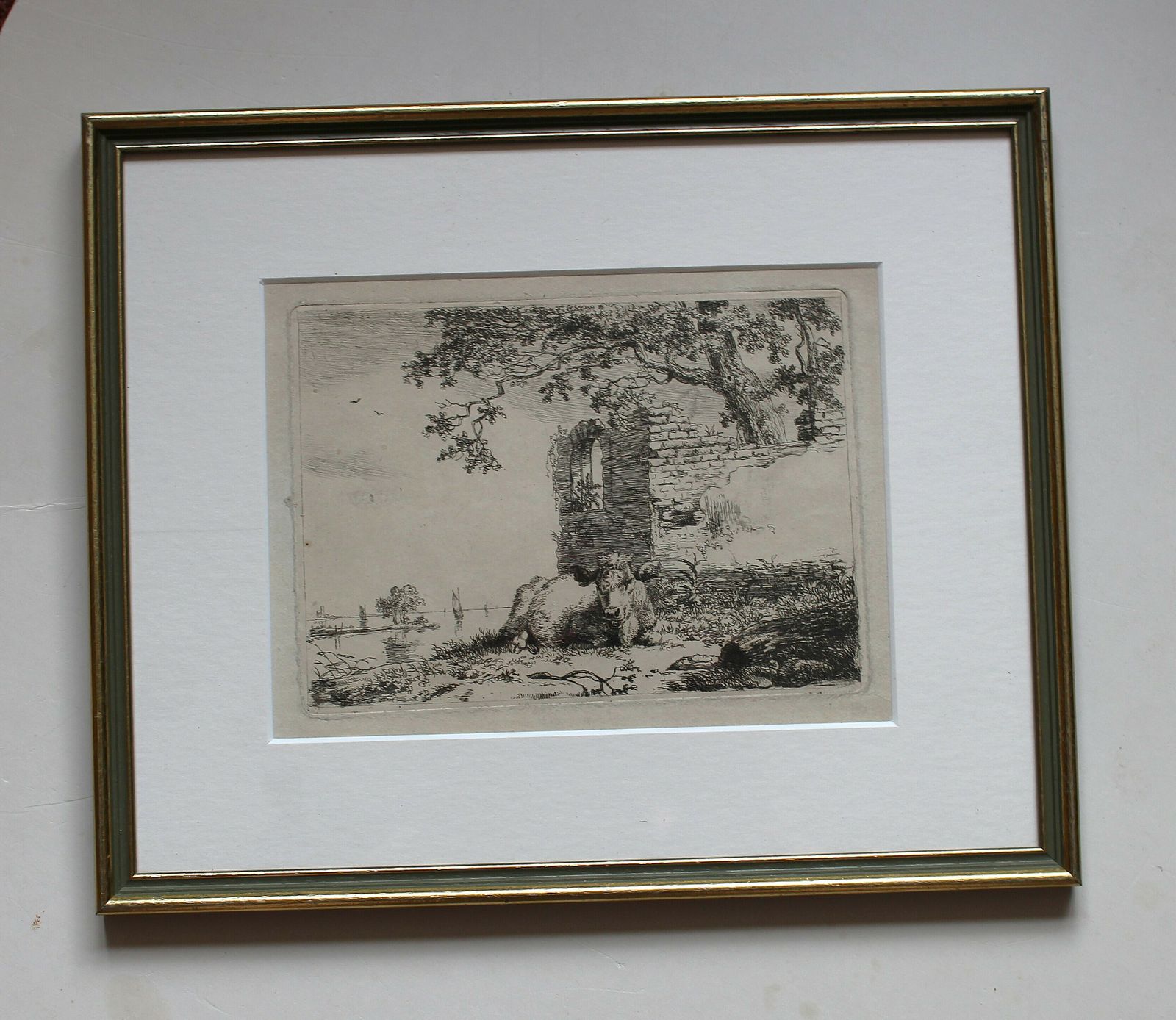 Recumbent Cow ~ Framed 17th Century Etching By  Adriaen Van De Velde