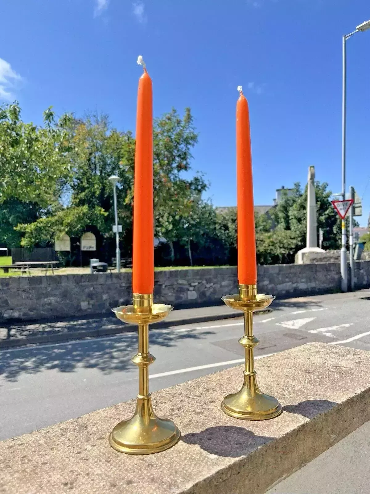 Pair Of Antique English Gothic Brass Altar Candlesticks Candle Holders Pugin