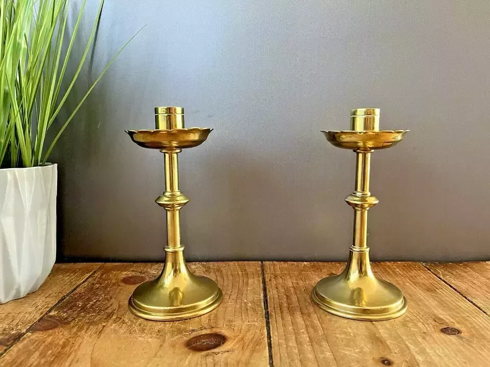 Pair Of Antique English Gothic Brass Altar Candlesticks Candle Holders Pugin photo Home Decor