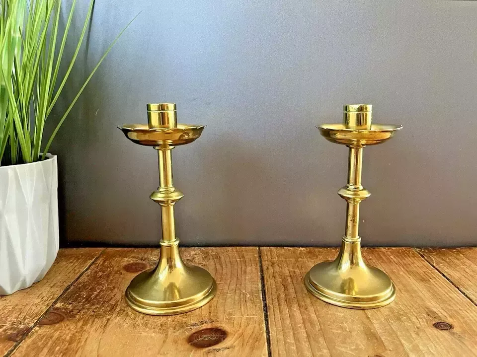 Pair Of Antique English Gothic Brass Altar Candlesticks Candle Holders Pugin photo buy