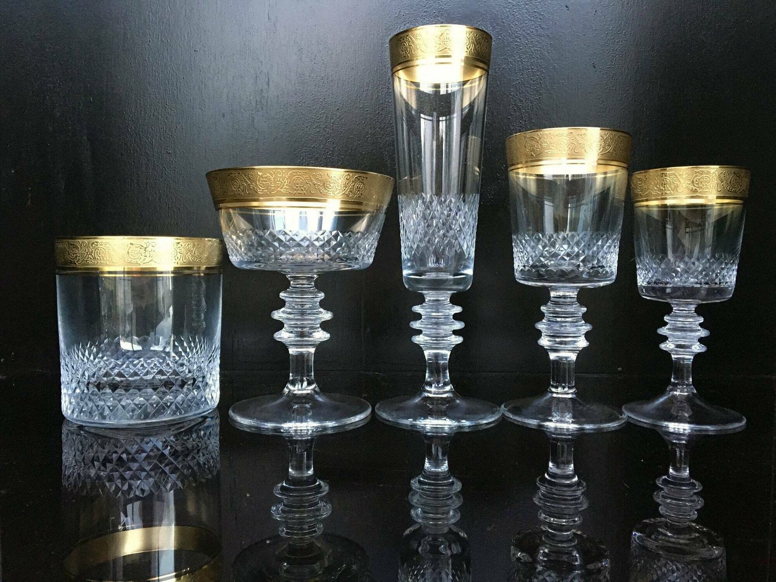Crystal Cognac Glasses | 6pcs | Diamond Cut And 24k Gold Trim | By Theresienthal photo furniture