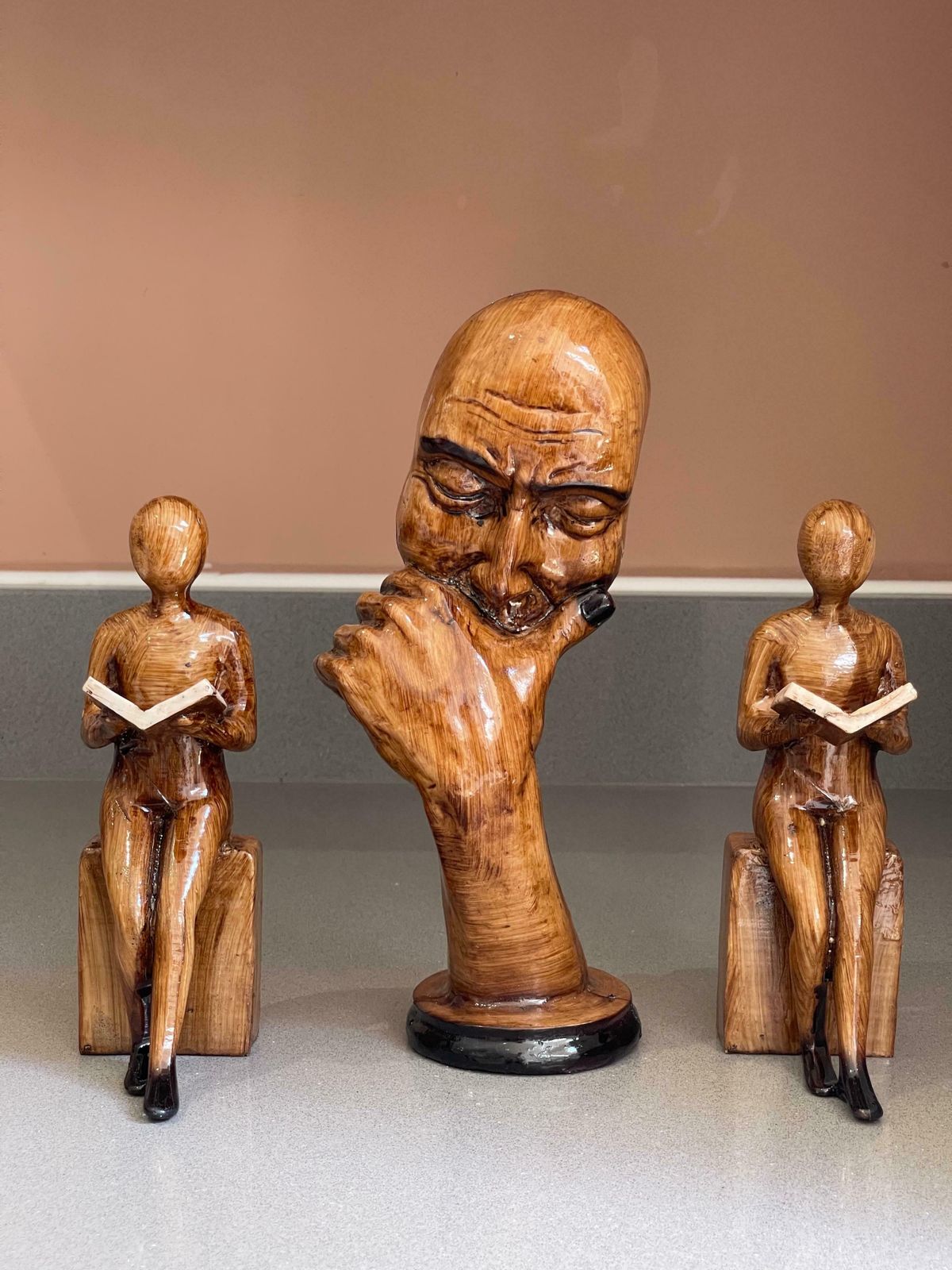 Wooden Sculptures Book End Set Of 3 Thinking Decorative Figurine Of Book Holders photo for sale