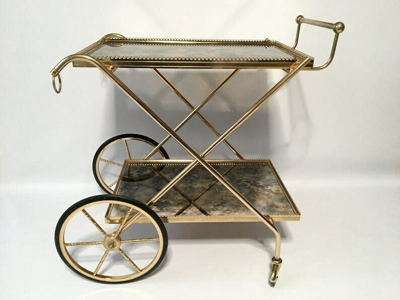 Bar Cart Maison Jansen | Polished Brass And Gold Plated | Antique Mirror Glass photo furniture