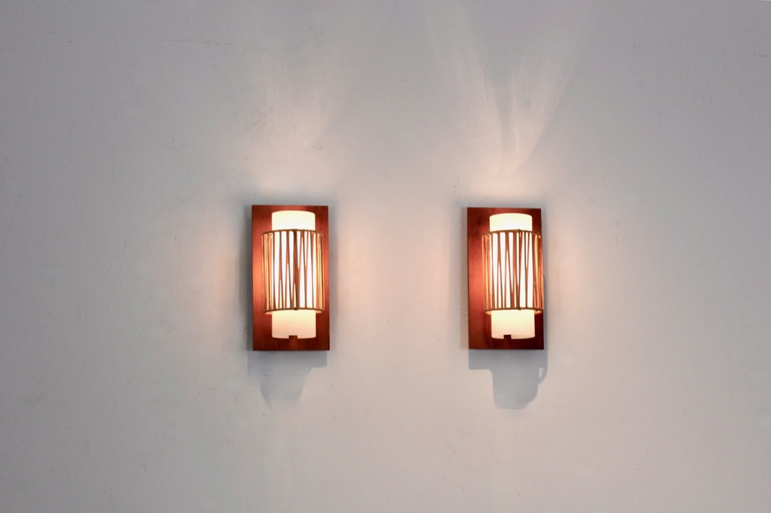 Natural Pair Of Rattan, Teak And Opaline Glass Wall Lights photo for sale
