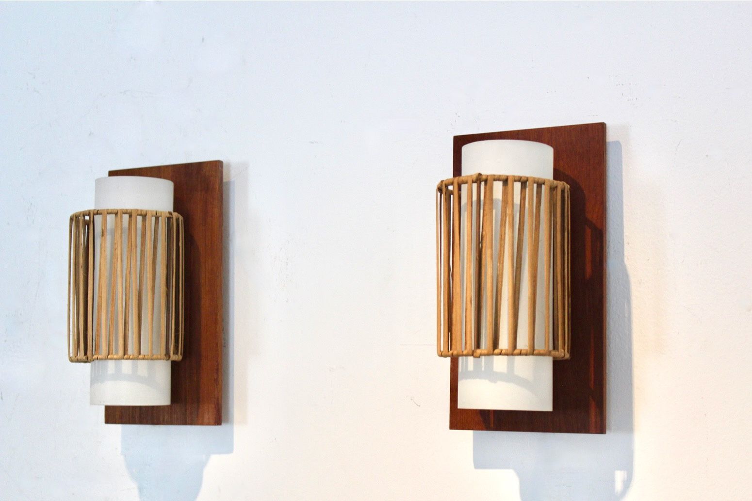 photo furniture Natural Pair Of Rattan, Teak And Opaline Glass Wall Lights