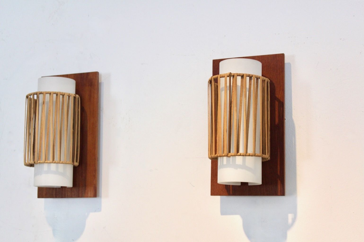 Lighting Natural Pair Of Rattan, Teak And Opaline Glass Wall Lights photo
