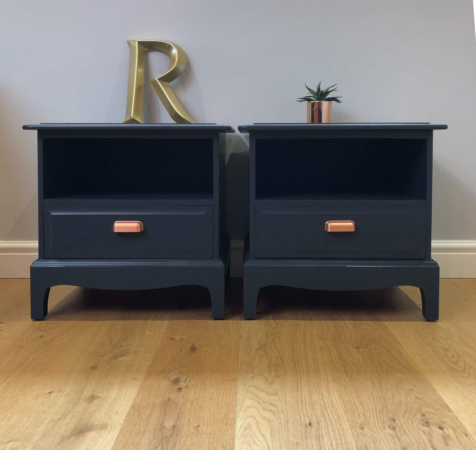 Stag Minstrel Bedside Nightstand Pair (2) Tables Pair Cabinets Painted Blue