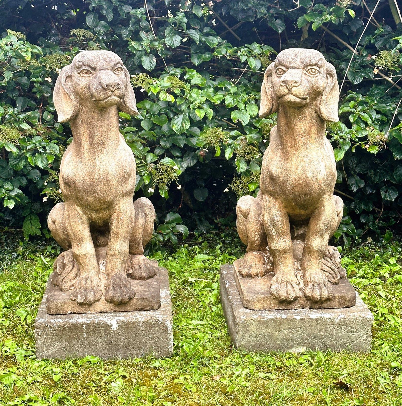 Pair Of Very Large Limestone Dogs Statues, France 1940s.