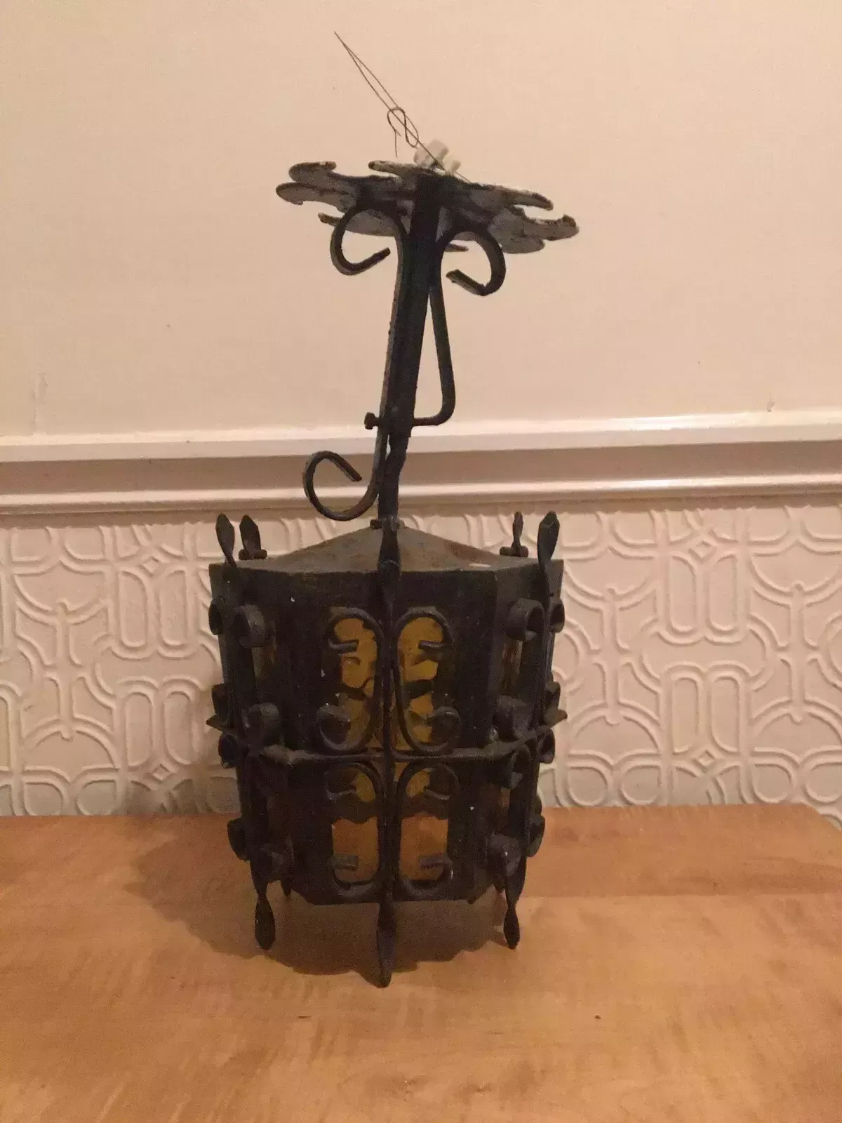 Antique Wrought Iron Porch Lantern Amber Glass Wired Arts Crafts