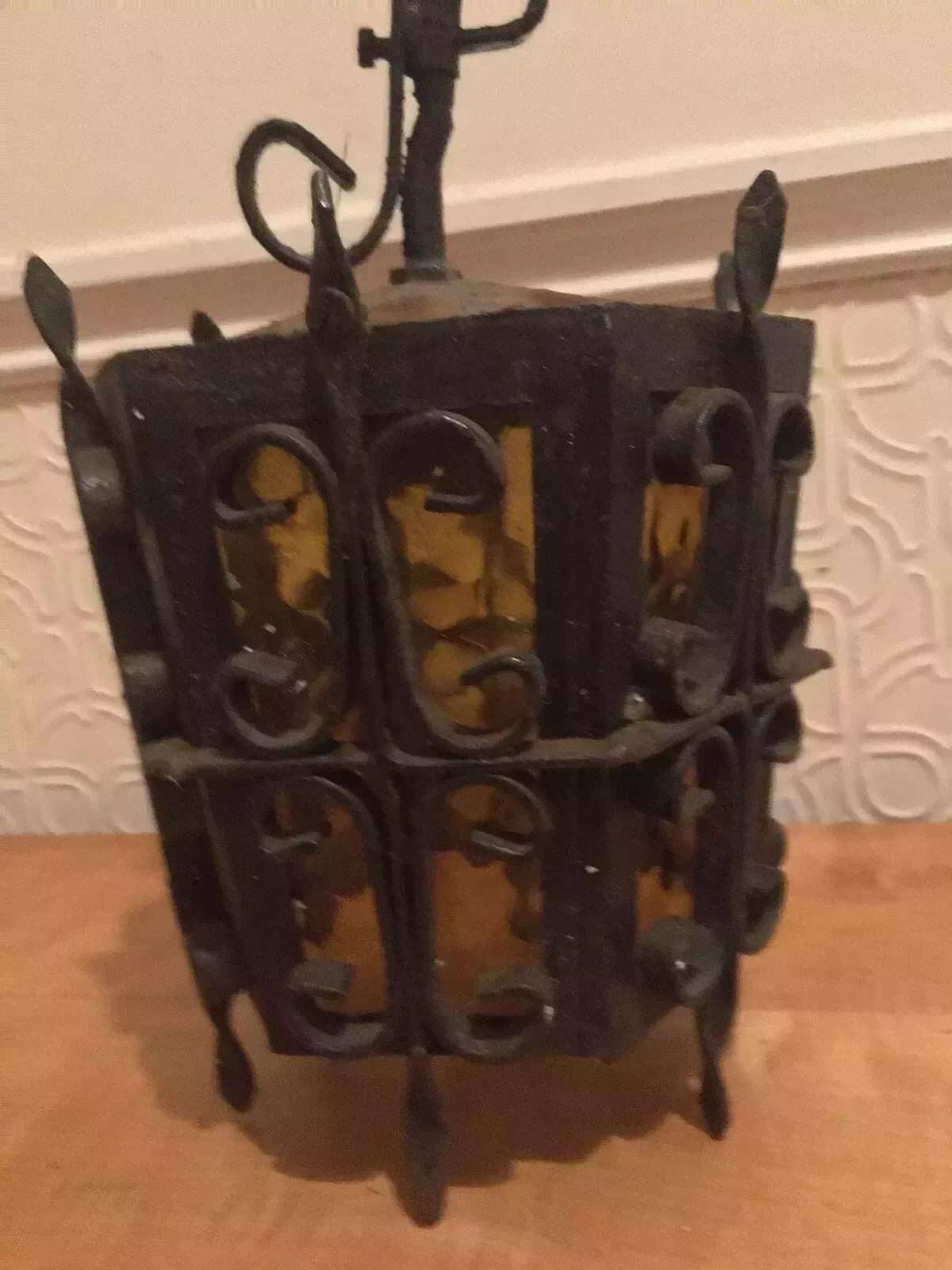 Antique Wrought Iron Porch Lantern Amber Glass Wired Arts Crafts photo 75.0