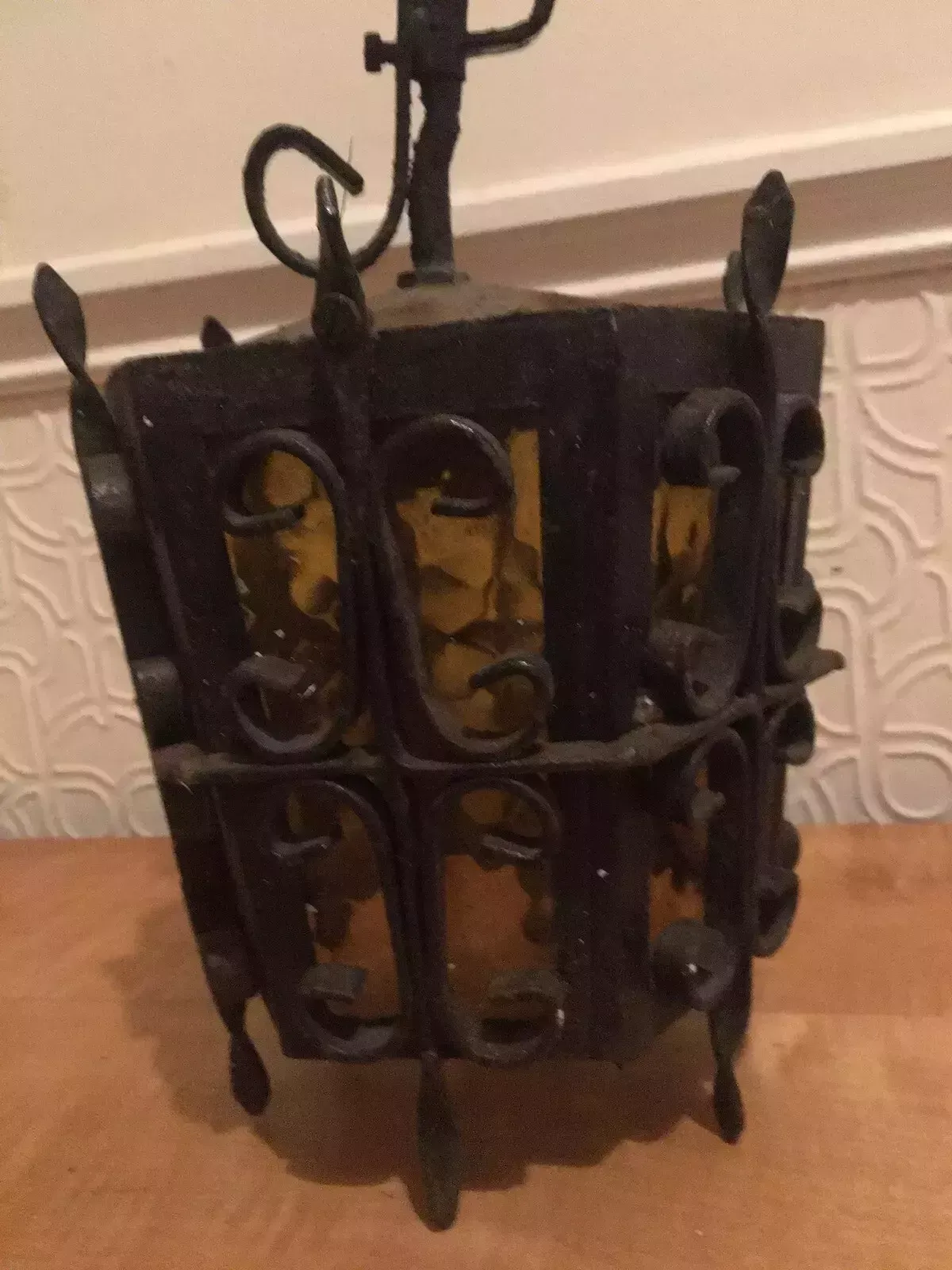 Antique Wrought Iron Porch Lantern Amber Glass Wired Arts Crafts photo vinterior
