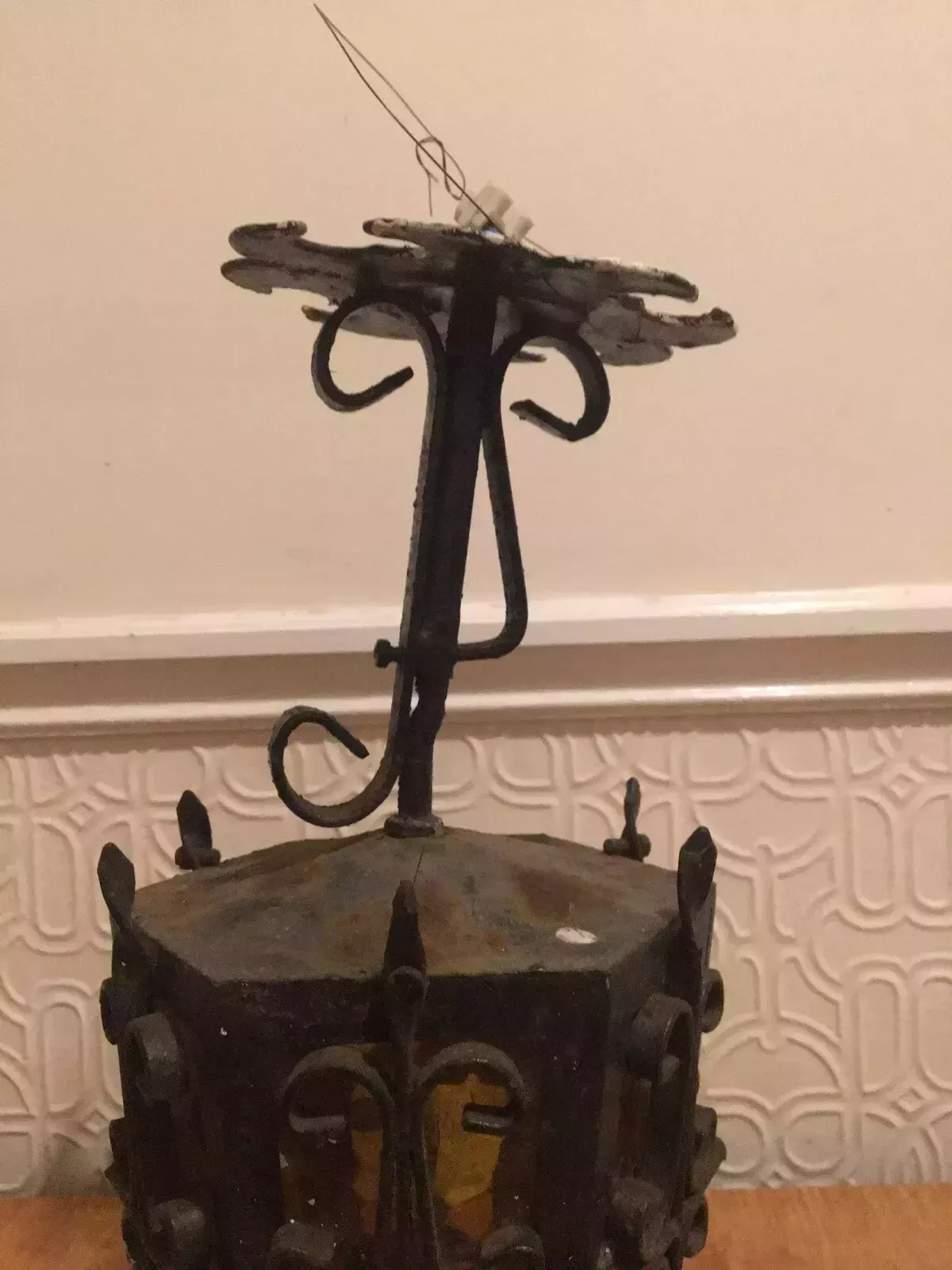 Antique Wrought Iron Porch Lantern Amber Glass Wired Arts Crafts photo vintage