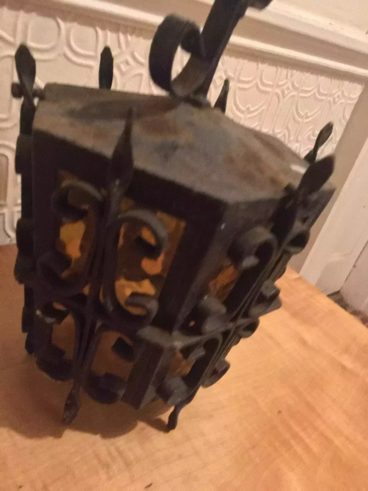 photo vinterior Antique Wrought Iron Porch Lantern Amber Glass Wired Arts Crafts