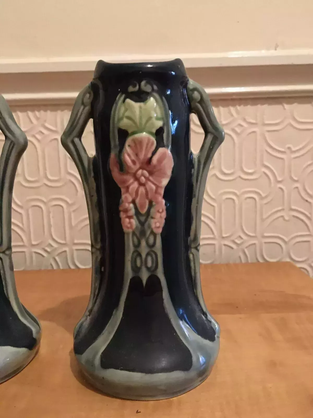 Pair Of Continental Secessionist Jugendstil Majolica Nouveau Amphora Vases photo vinterior