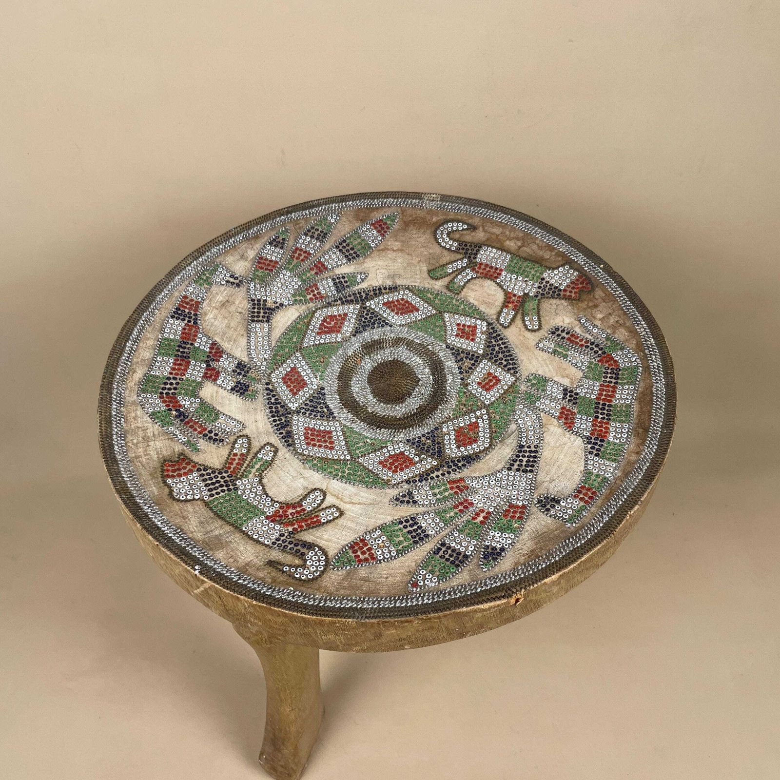 Antique Round Wooden African Handmade Stool Wood Furniture Circle Brown Hallway Seat Table Plant Stand Patterned 29.5x26cm Vintage Beaded photo furniture