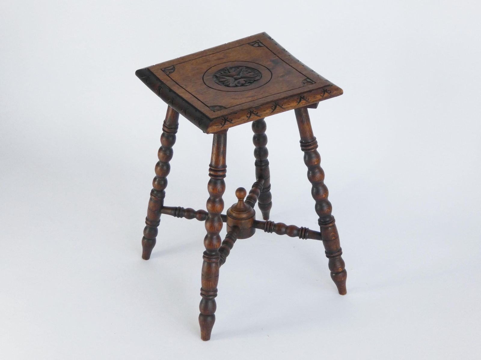 Antique Small Bobbin Wooden Stool, Carved Side Table With Flower, Barley Twist Furniture, Oak Bench, Plant Stand photo furniture