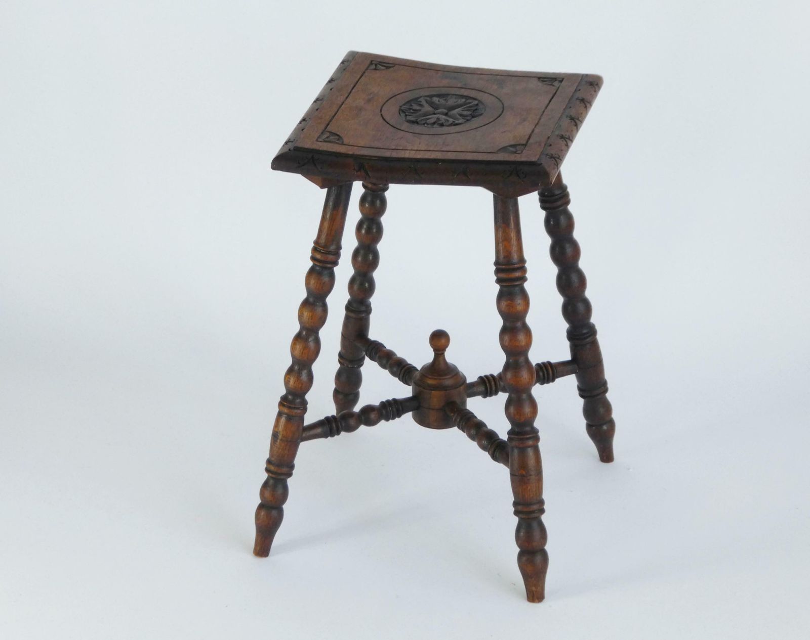 Antique Small Bobbin Wooden Stool, Carved Side Table With Flower, Barley Twist Furniture, Oak Bench, Plant Stand photo 234.0