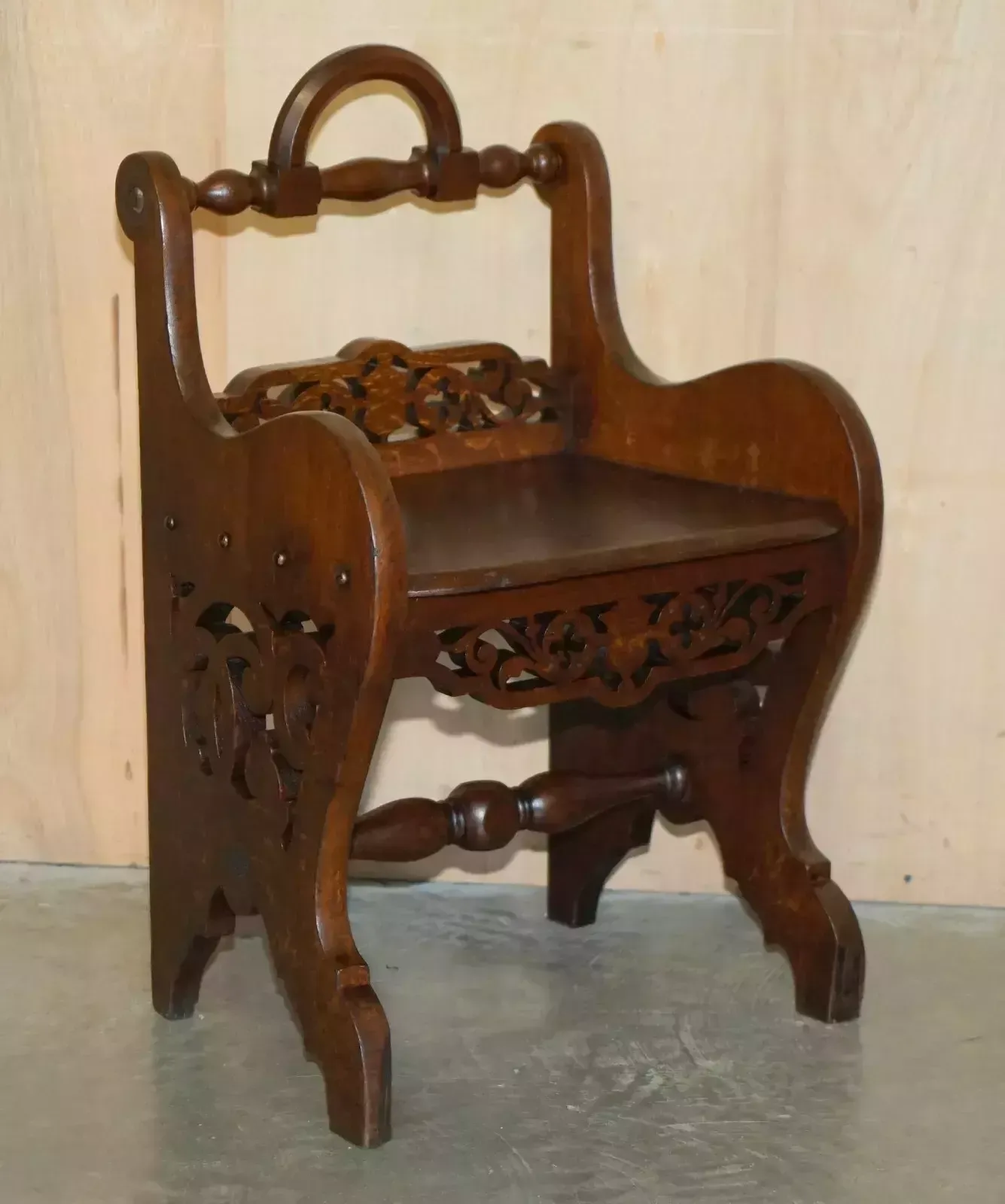 Pair Of Antique Victorian English Hand Carved Hall Chairs With Rotating Handles photo furniture