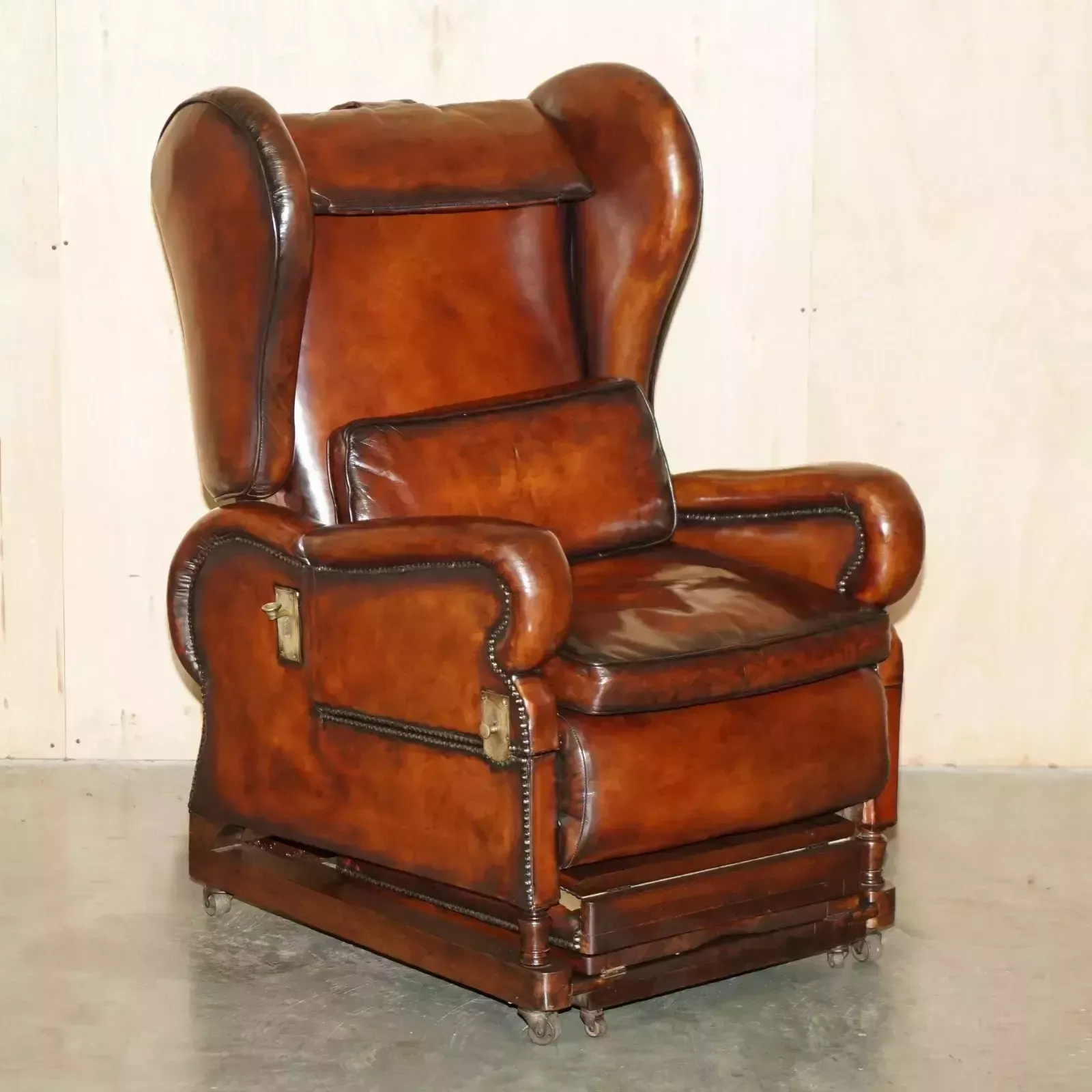 Restored J Foot & Son Adjustable Reclining Easy Armchair Hand Dyed Brown Leather photo furniture