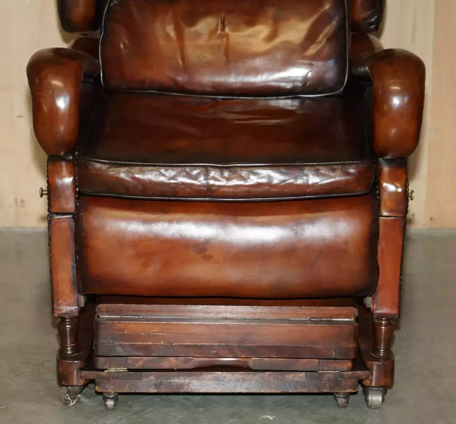 Restored J Foot & Son Adjustable Reclining Easy Armchair Hand Dyed Brown Leather photo buy