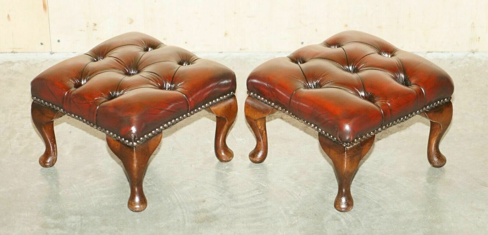 Pair Of Vintage Chesterfield Tufted Wingback Armchair Oxblood Leather Footstools photo furniture