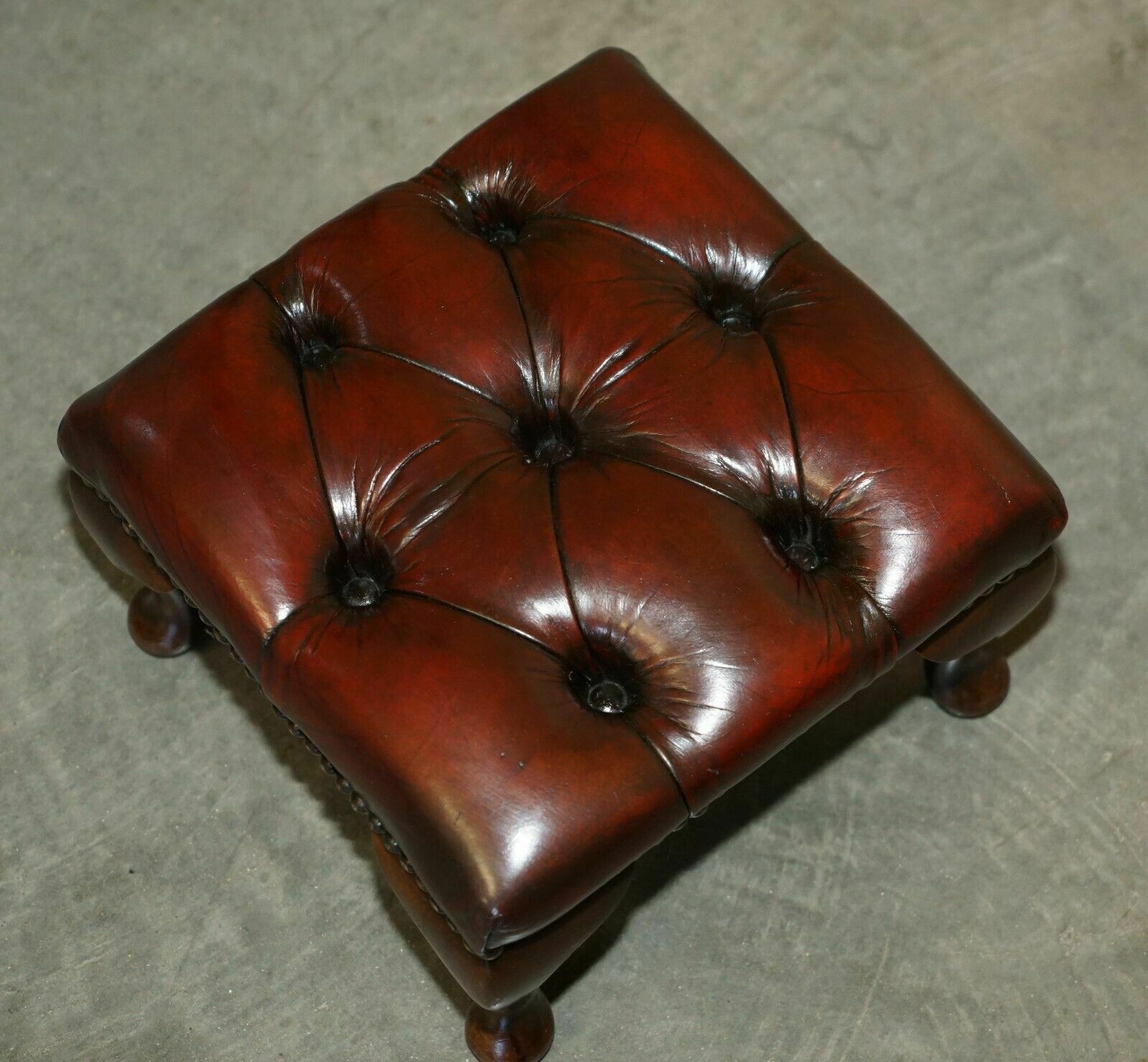 Pair Of Vintage Chesterfield Tufted Wingback Armchair Oxblood Leather Footstools photo vinterior