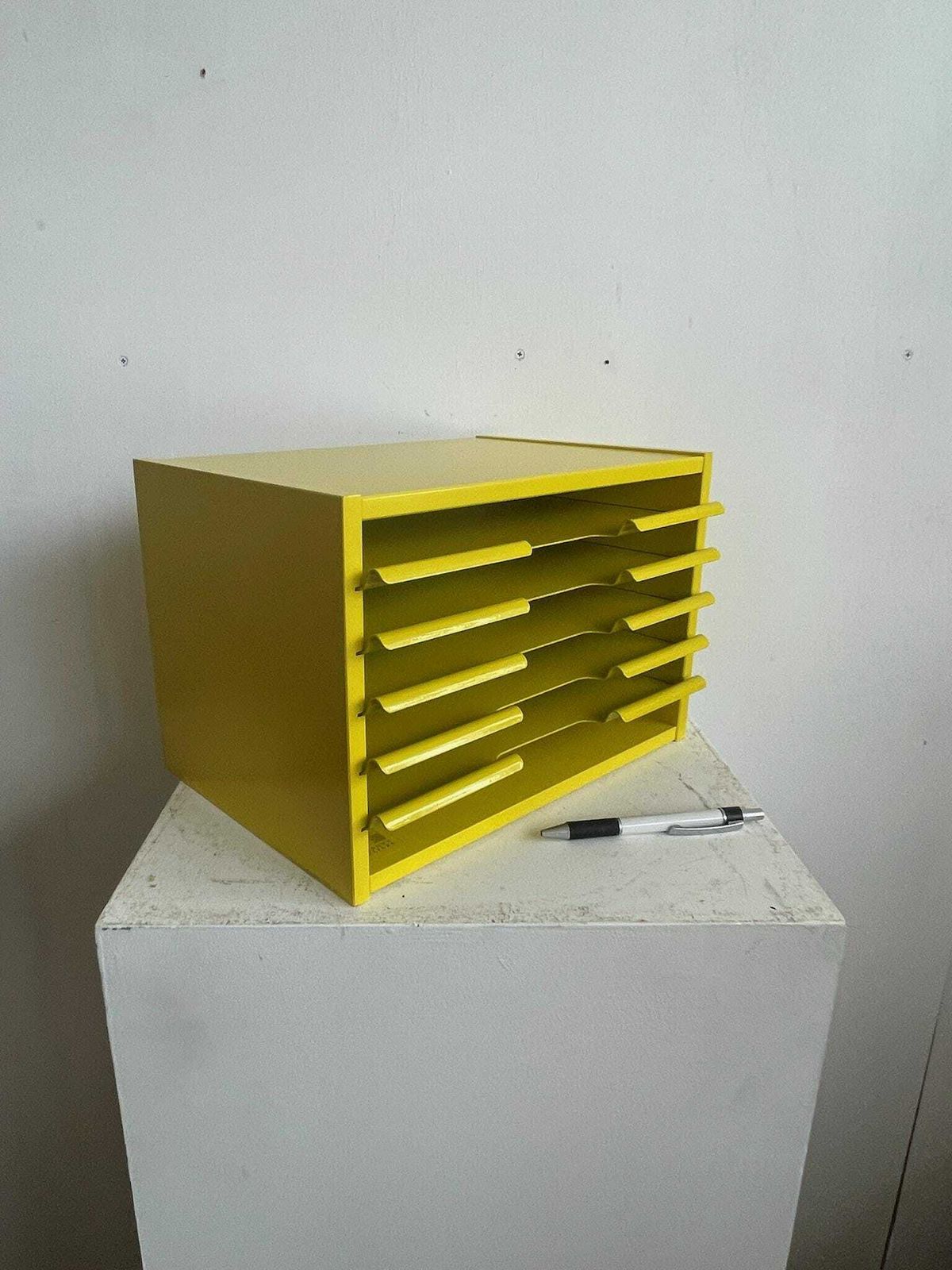 1980s Bright Yellow A4 Office Storage Stationery Box By The Crown Suppliers Military Arrow photo furniture