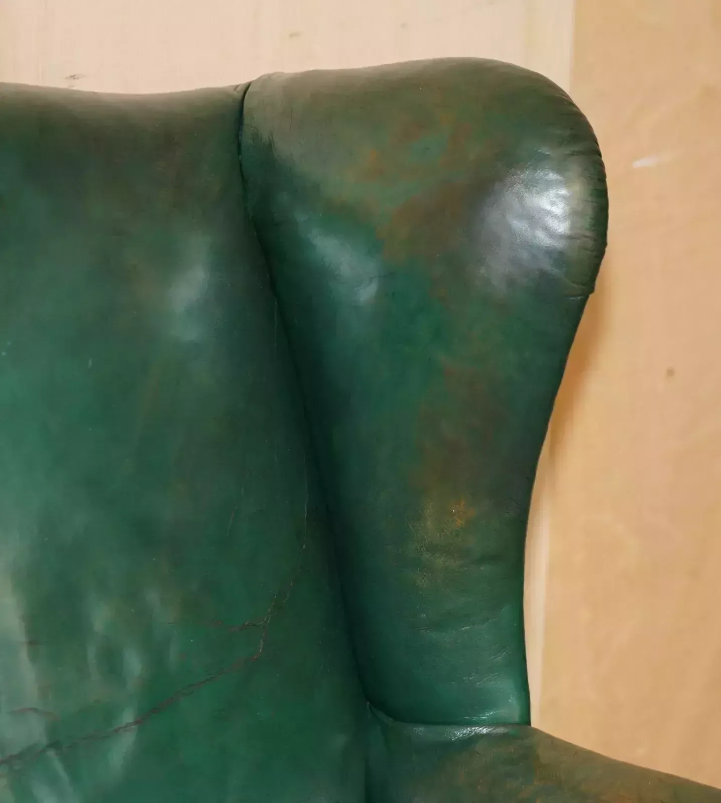 Pair Of Antique Victorian Original Green Leather Upholstery Wingback Armchairs photo vinterior