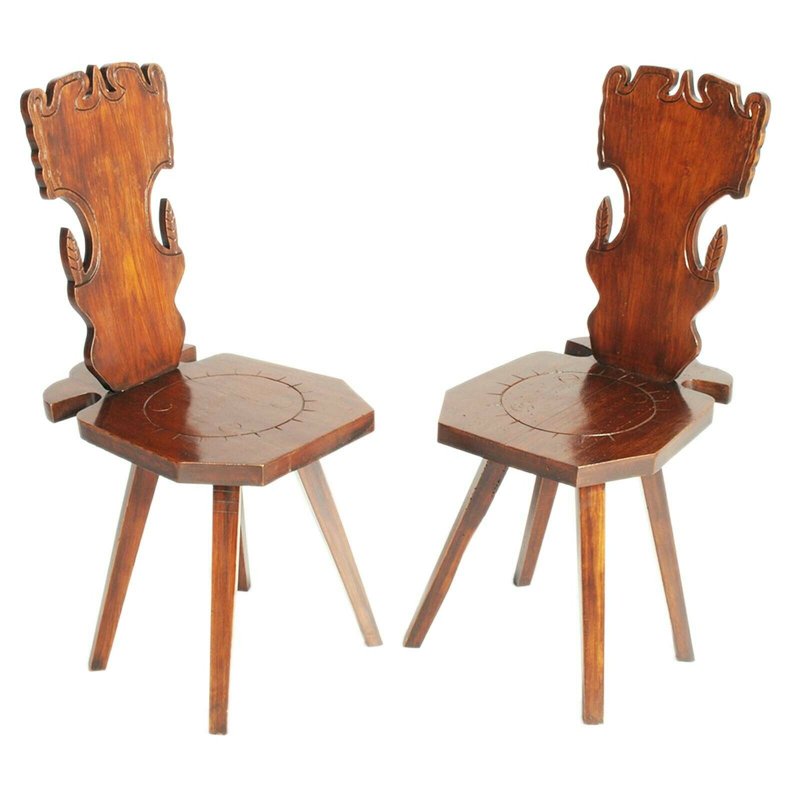 1900s Pair Antique Tyrolean Stool Chair In Hand Carved Walnut Wax Polished