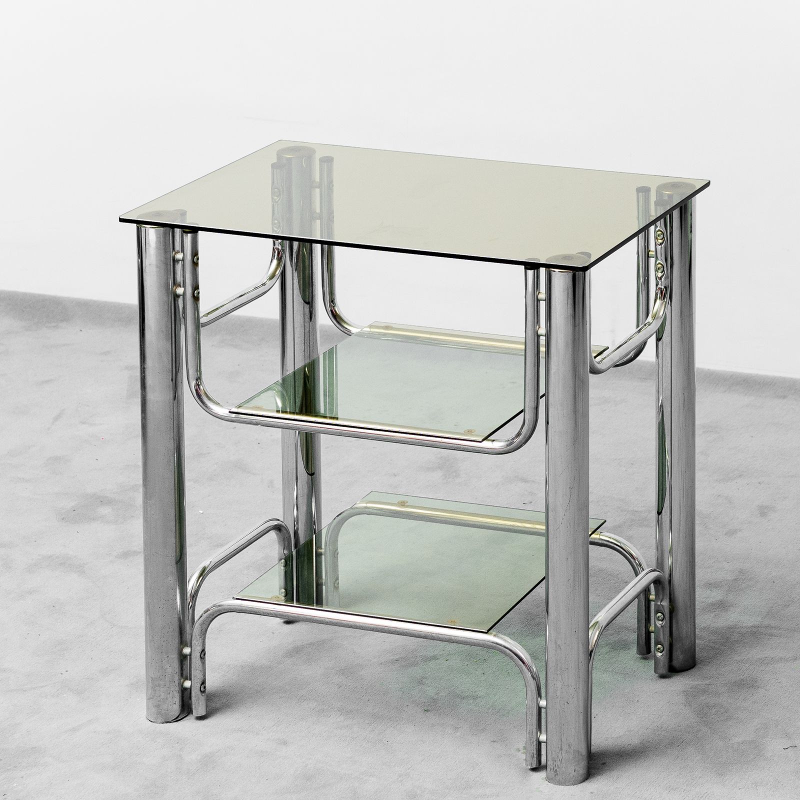 Vintage Tv Stand Table Metal Smoked Glass 70s Vintage Modern Antiques photo for sale