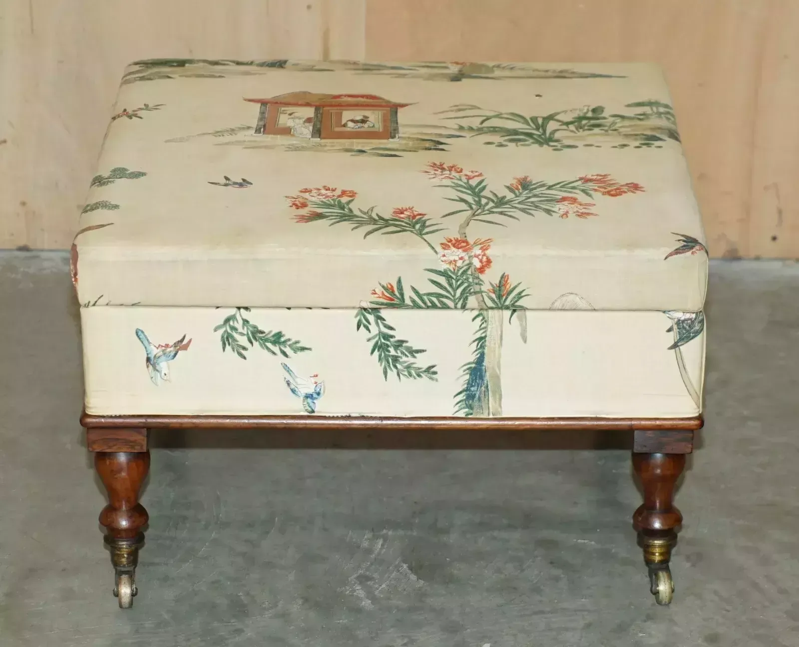 Fine English Victorian Circa 1860 Footstool Ottoman Chinese Chinoiserie Fabric photo furniture