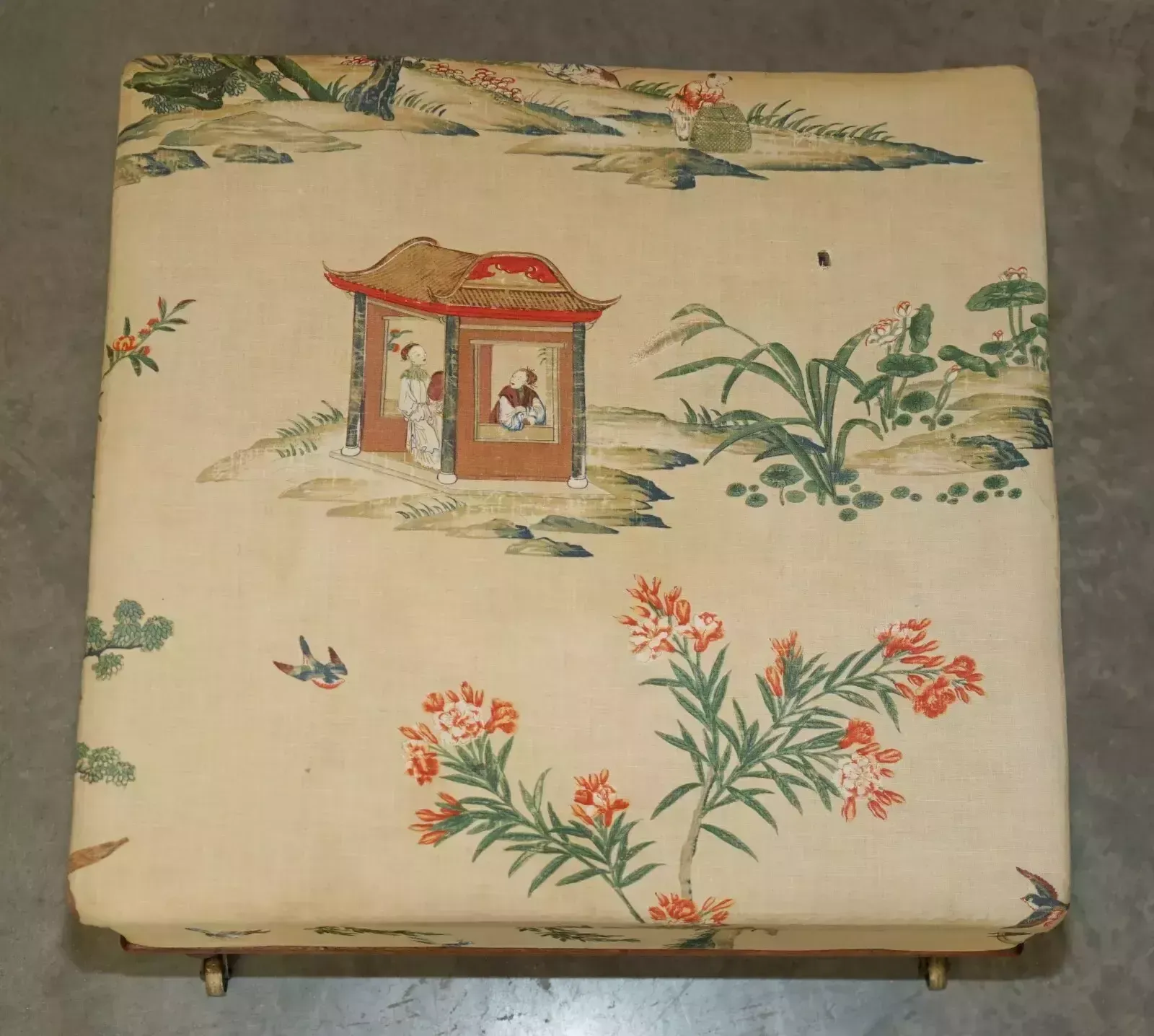 Fine English Victorian Circa 1860 Footstool Ottoman Chinese Chinoiserie Fabric photo for sale