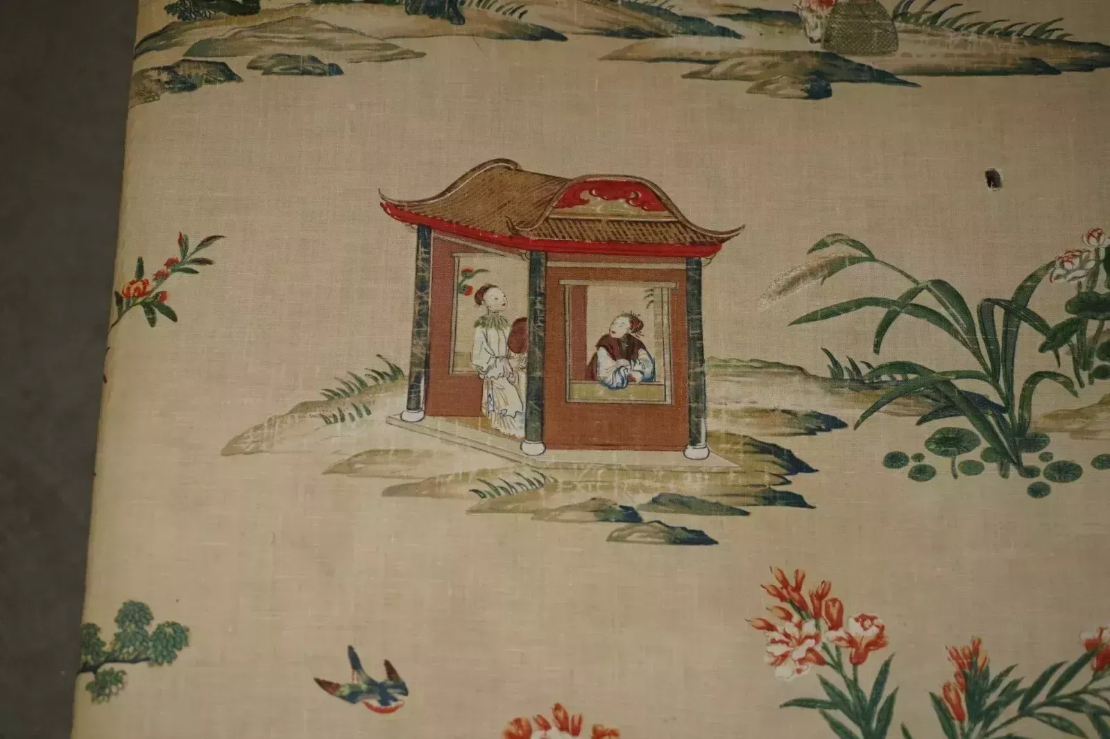 Fine English Victorian Circa 1860 Footstool Ottoman Chinese Chinoiserie Fabric photo Furniture
