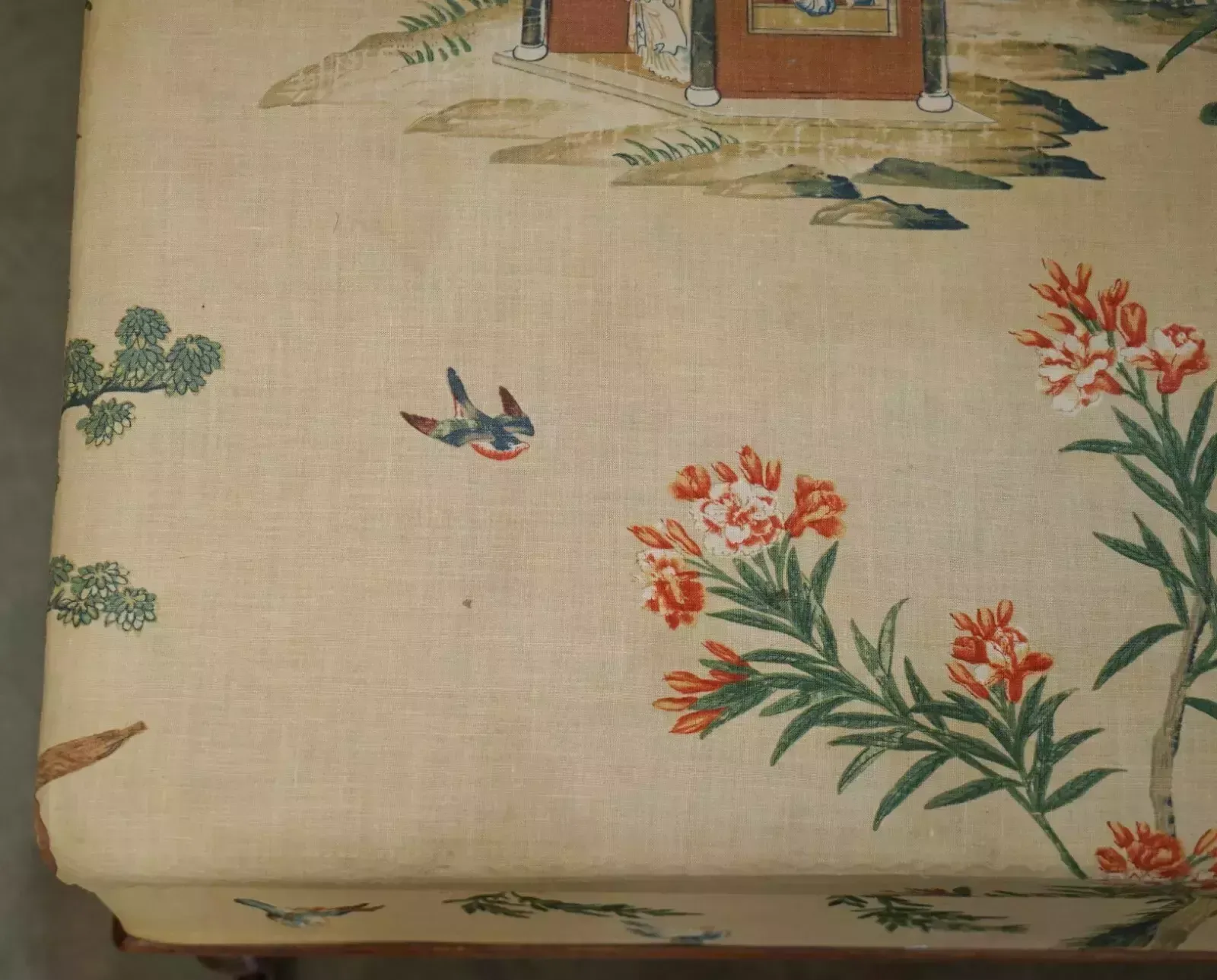 Fine English Victorian Circa 1860 Footstool Ottoman Chinese Chinoiserie Fabric photo buy