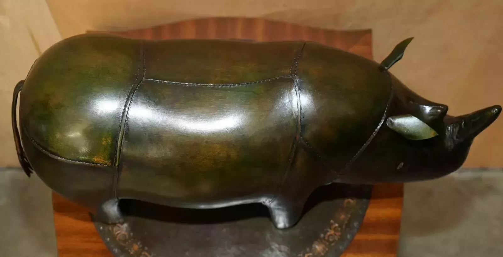 Old Stock Liberty London Style Omersa Green Leather Footstool Rhinoceros Rhino photo vinterior